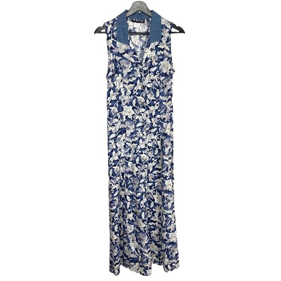Vintage 90s Blue White Sleeveless Flora Collared Button Up Full Length Dress Lar - Picture 1 of 9